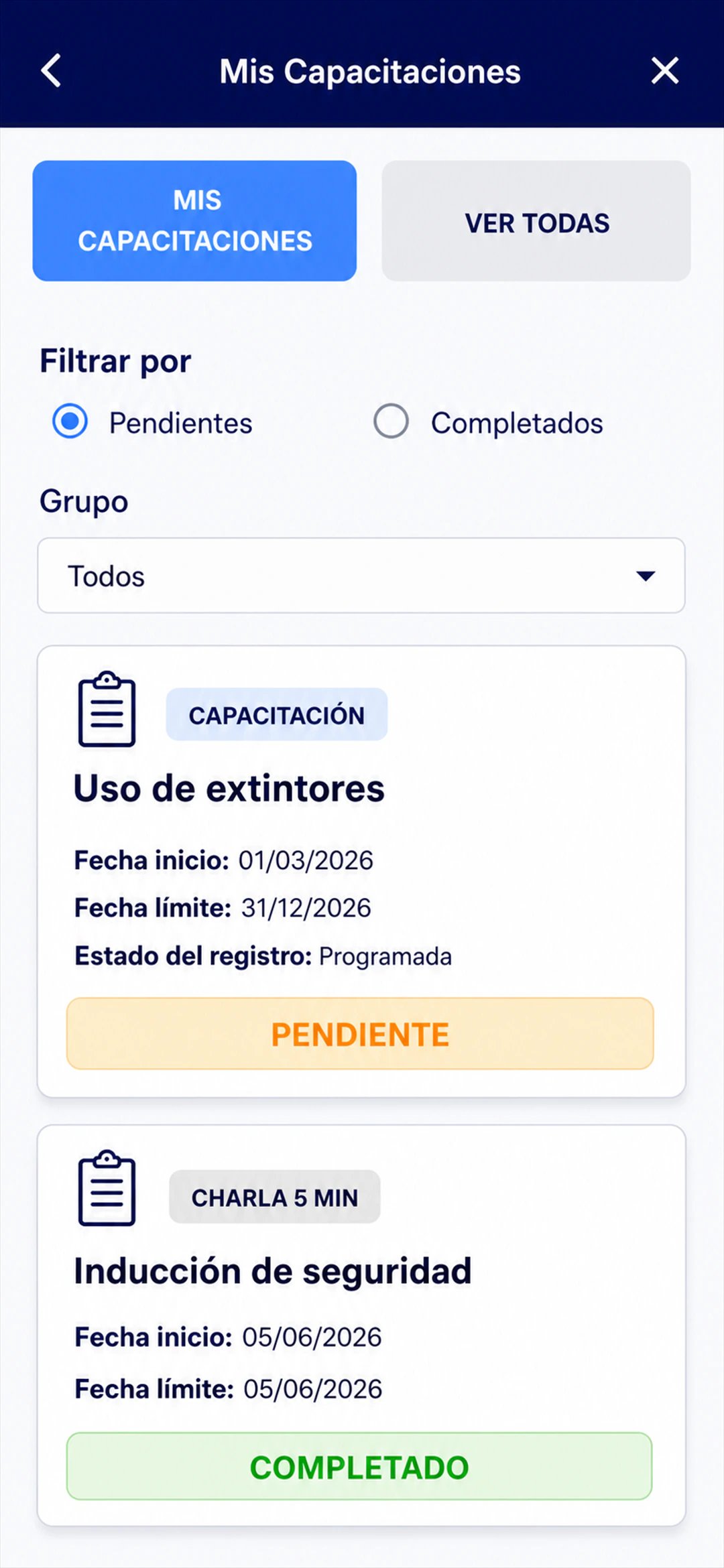 Vista del colaborador en la app de LAUS con la lista de sus capacitaciones asignadas