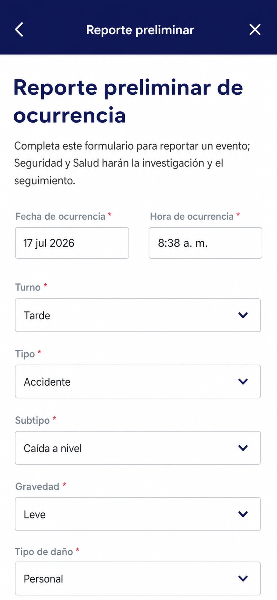 Formulario de reporte preliminar de un evento en la app de LAUS