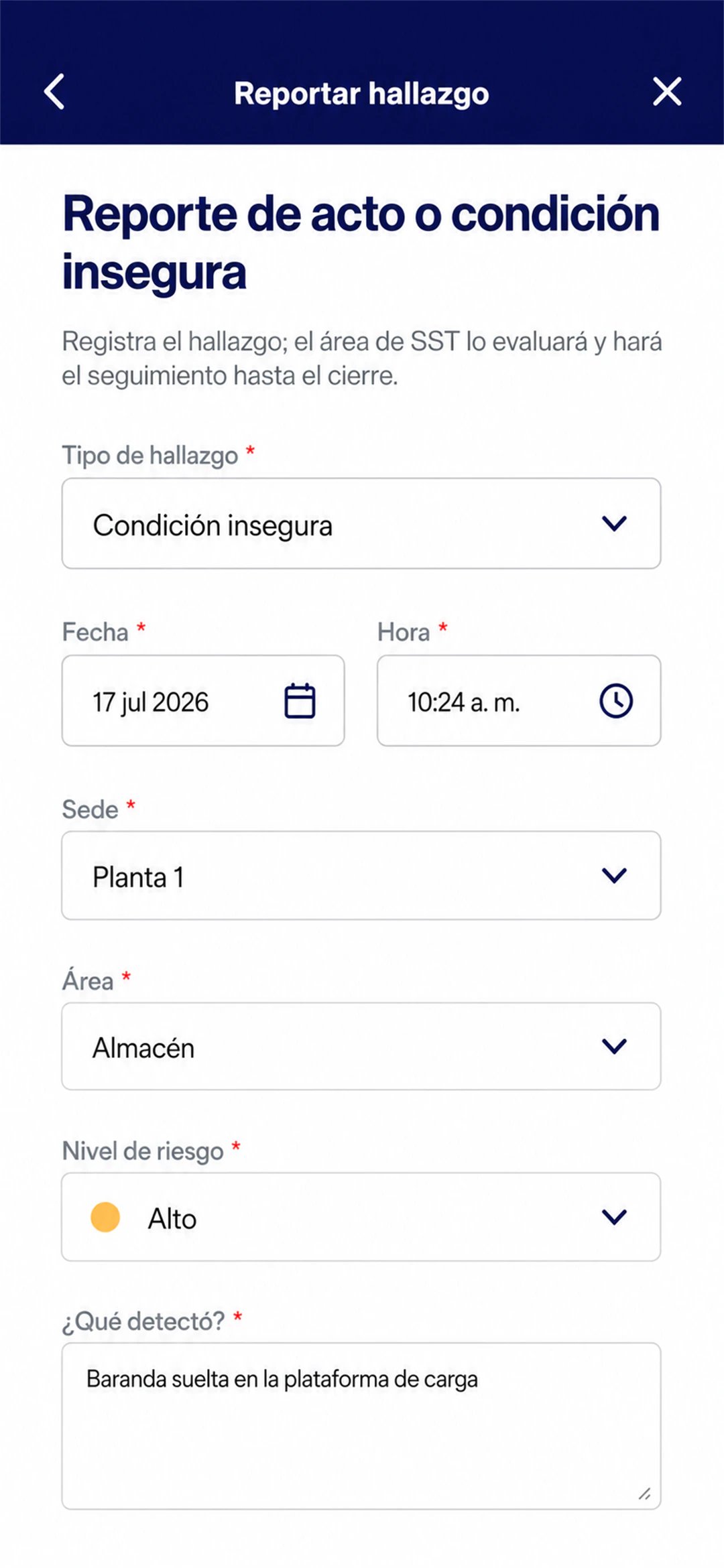Formulario para reportar un acto o condición insegura en la app de LAUS