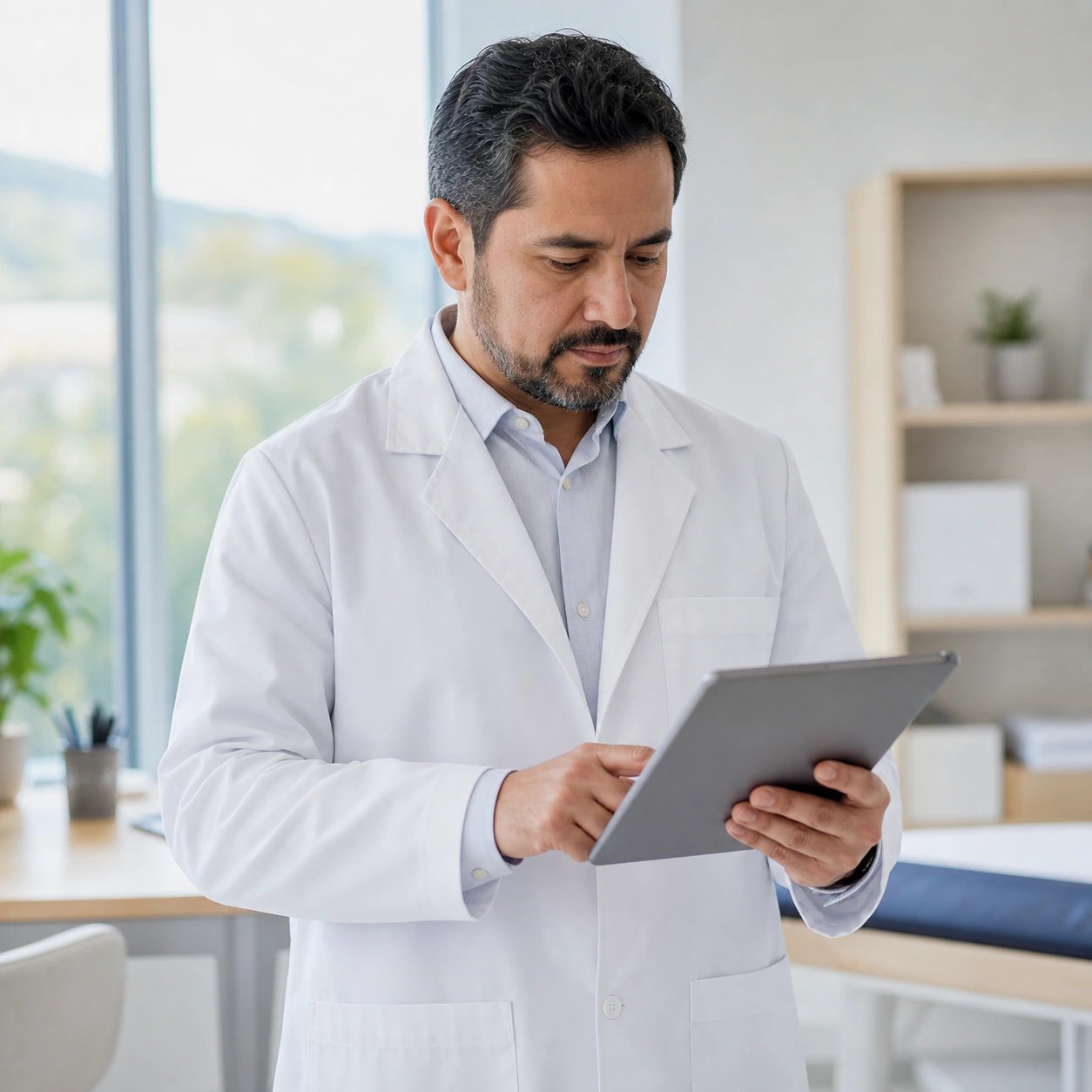 Médico ocupacional gestionando los casos de vigilancia médica en una tablet