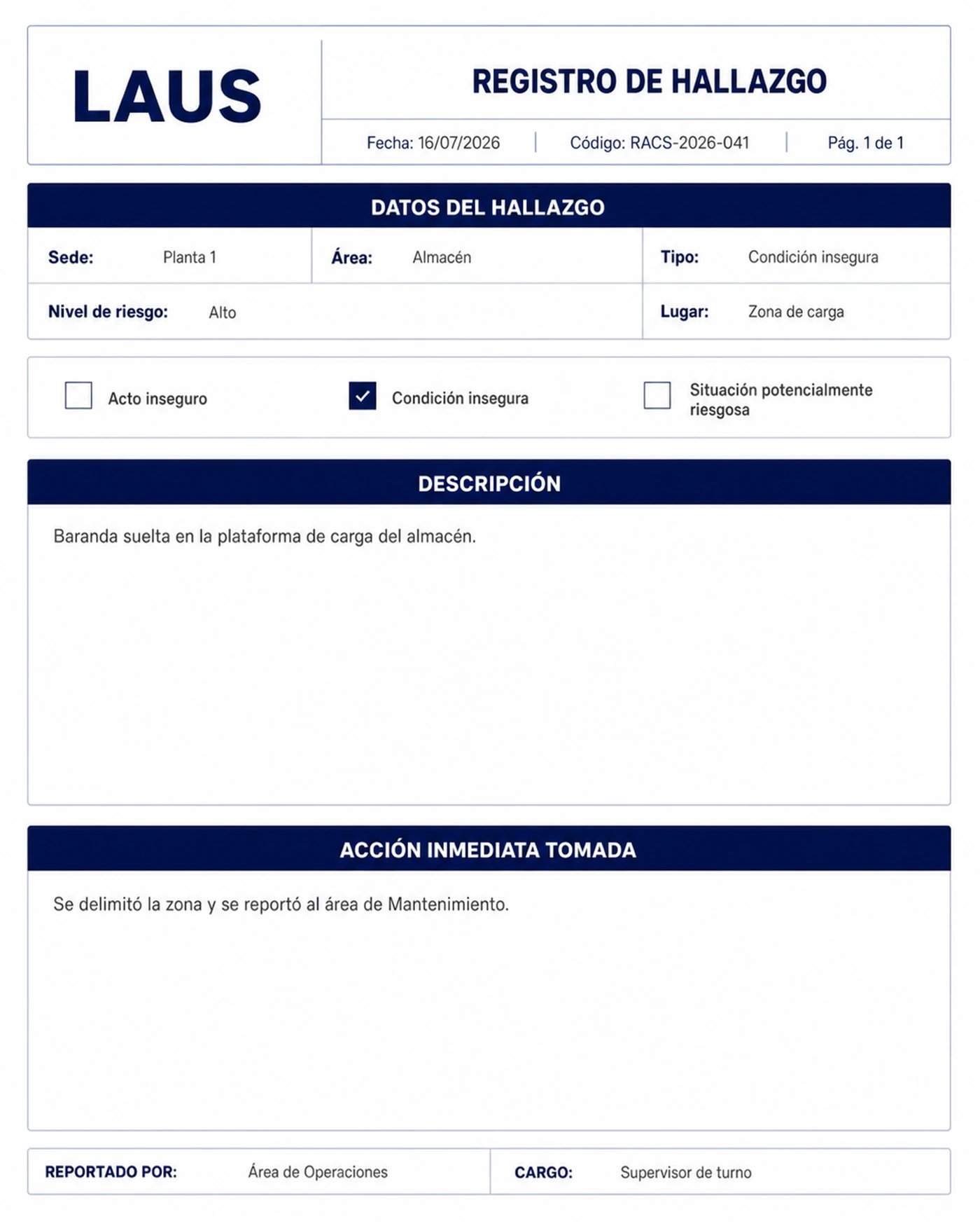 Registro de un hallazgo en LAUS exportado en PDF, listo para auditoría