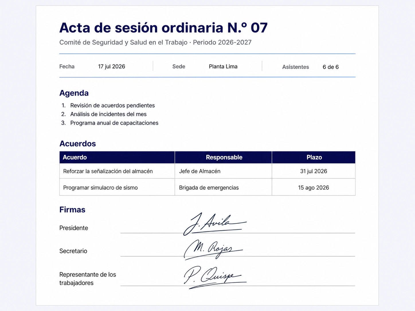 Acta de sesión del Comité de SST generada en PDF en LAUS con acuerdos y firmas