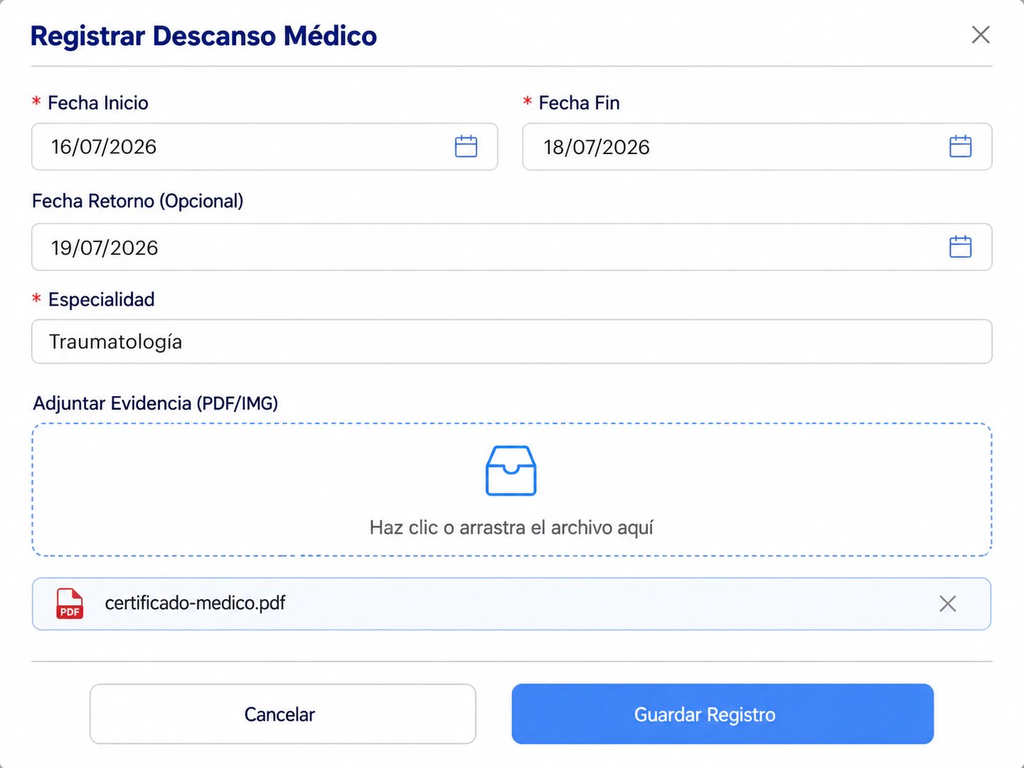 Registro de un descanso médico con su certificado adjunto en un caso de vigilancia médica en LAUS