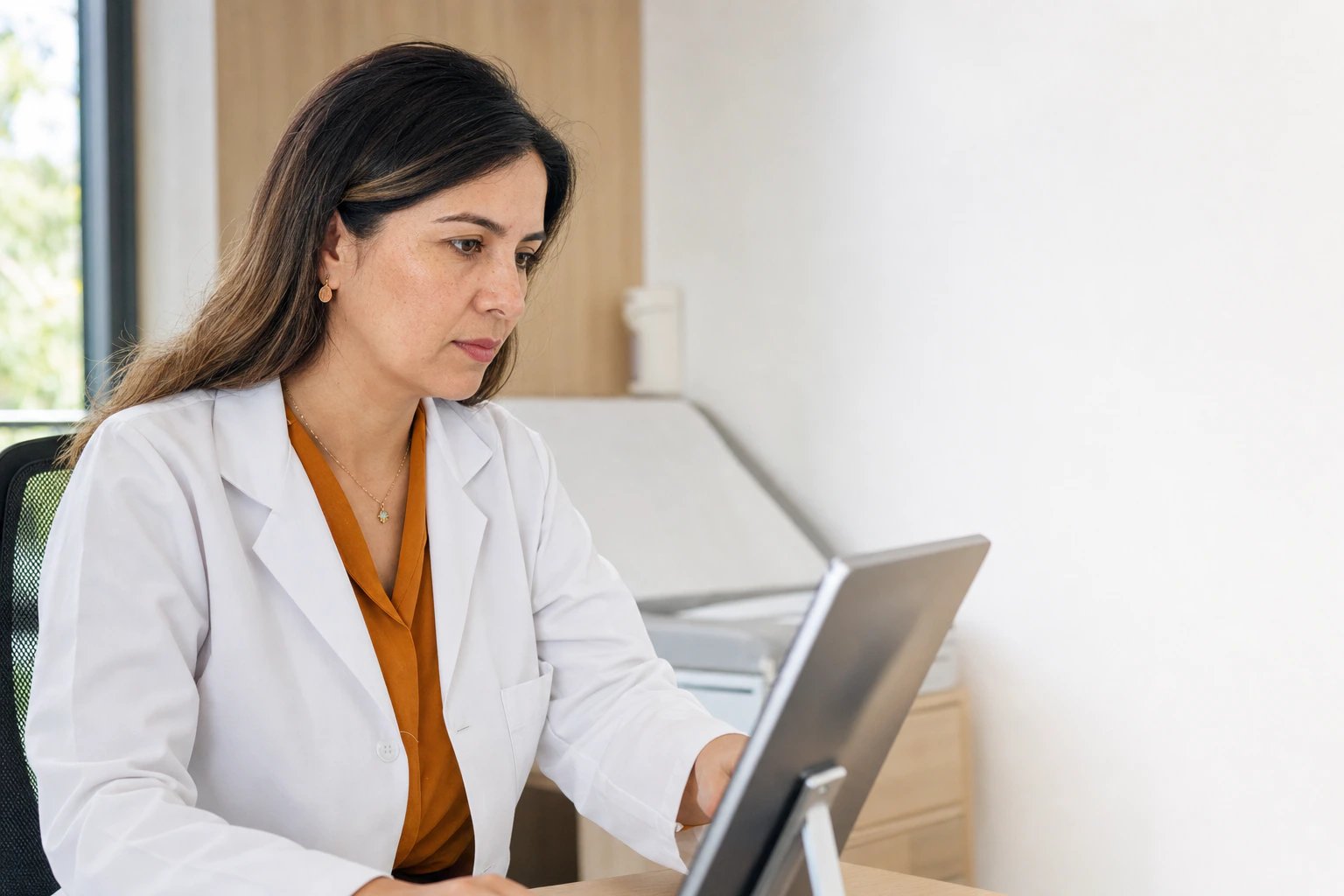 Médica ocupacional revisando el caso de salud de un trabajador en un consultorio ocupacional