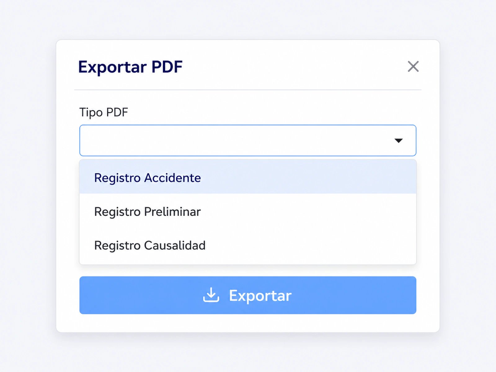 Modal Exportar PDF en LAUS con los 3 documentos: Registro Accidente, Registro Preliminar y Registro Causalidad