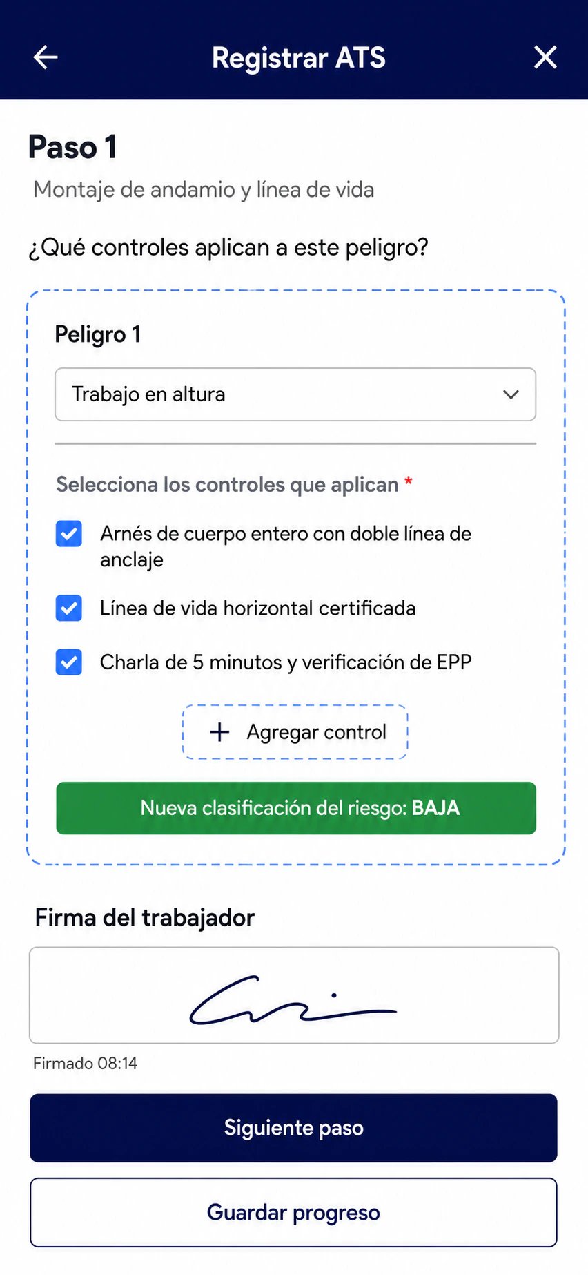 Controles del peligro trabajo en altura y firma del trabajador en la app de LAUS