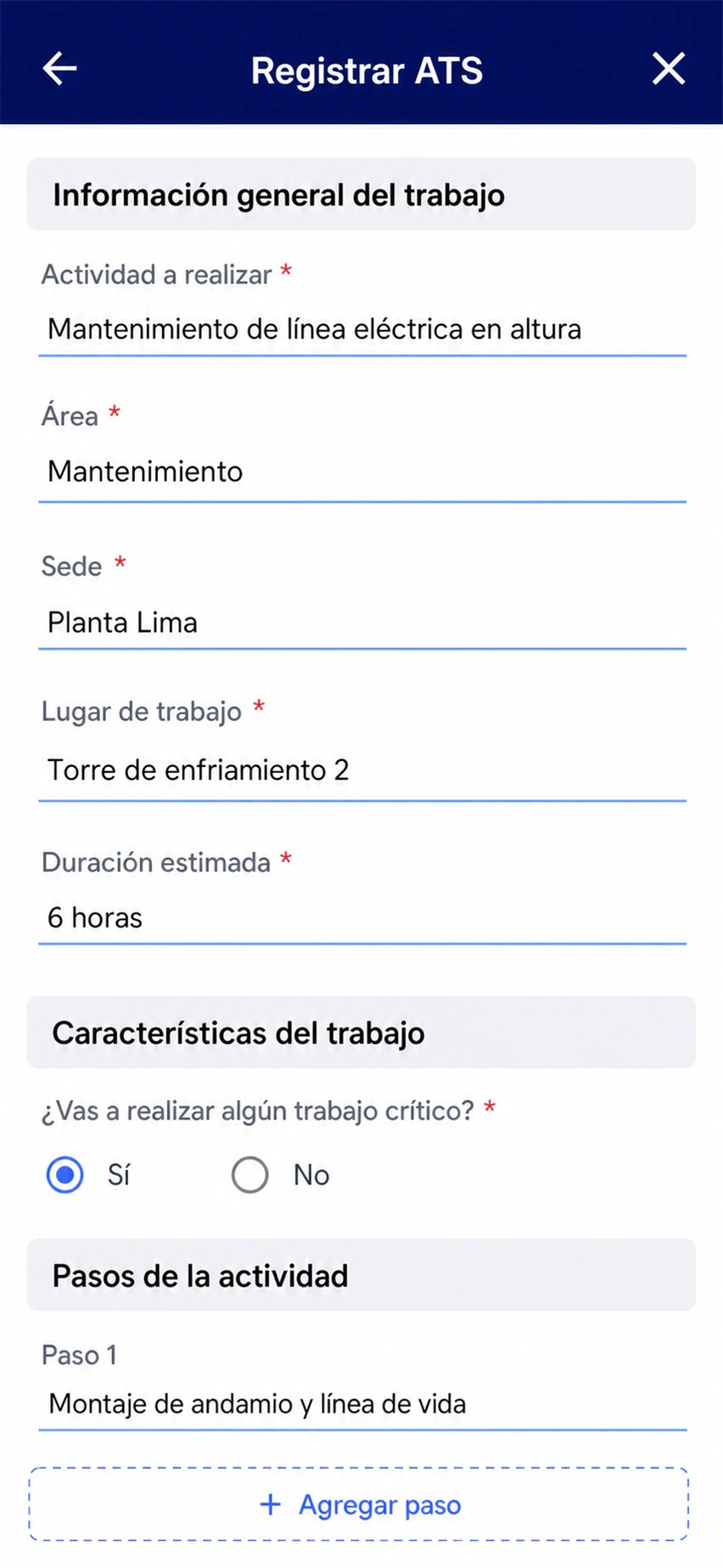 Formulario del ATS en la app de LAUS: actividad, área, sede, lugar y pasos de la tarea
