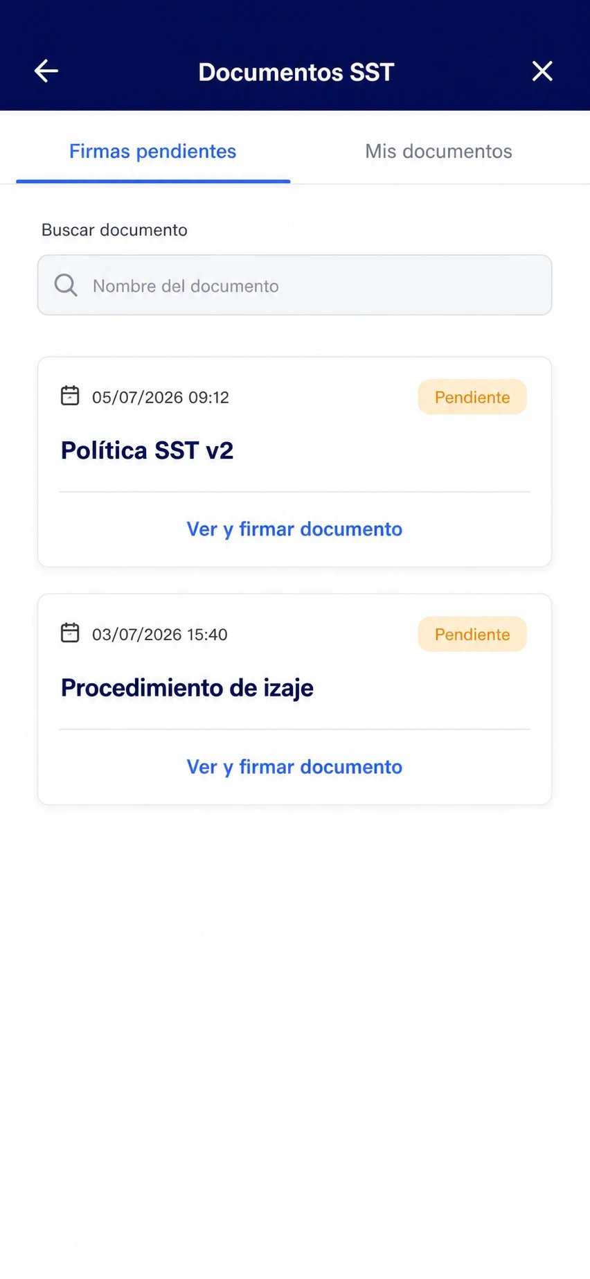 Lista de firmas pendientes de documentos del SGSST en la app de LAUS, con la acción de leer y firmar el cargo